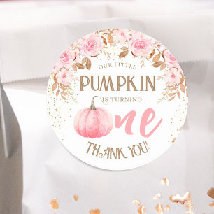 Pumpkin Pink & Gold Girl Floral Fall 1st Birthday Classic Round Sticker