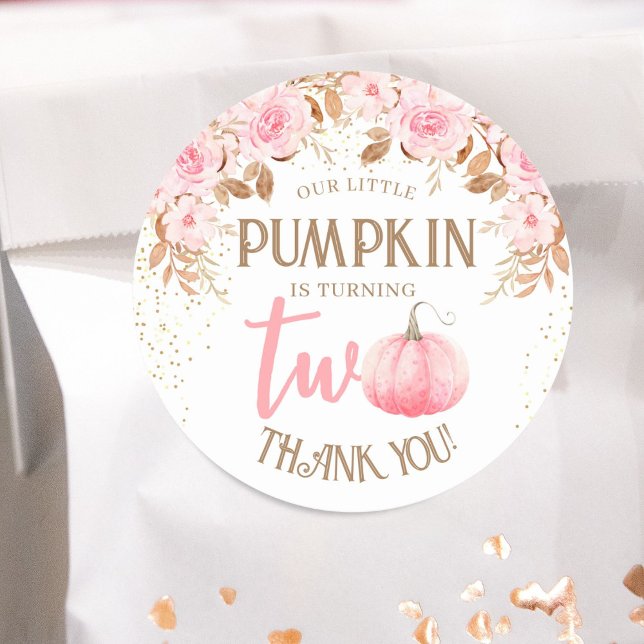 Pumpkin Pink & Gold Girl Floral Fall 2nd Birthday Classic Round Sticker (Creator Uploaded)