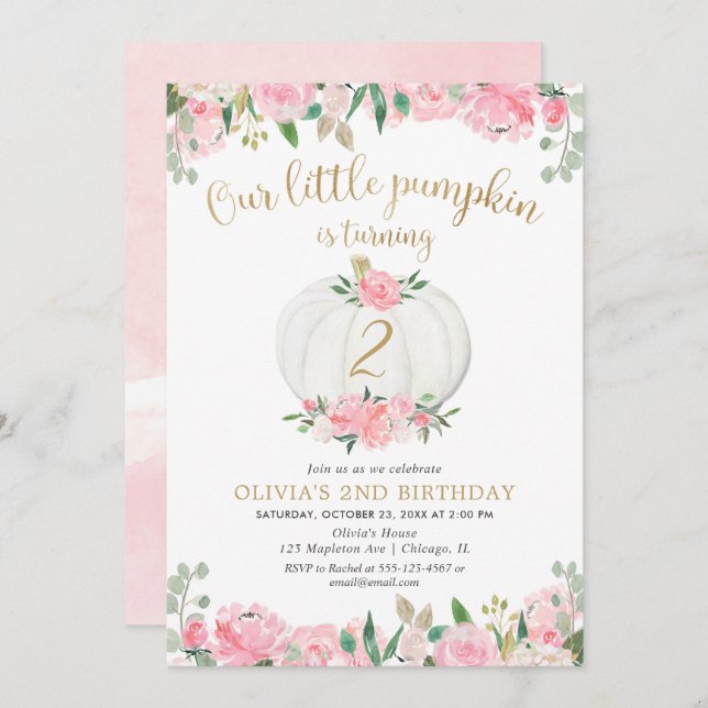 Pumpkin pink gold white floral any age birthday invitation (Front/Back)