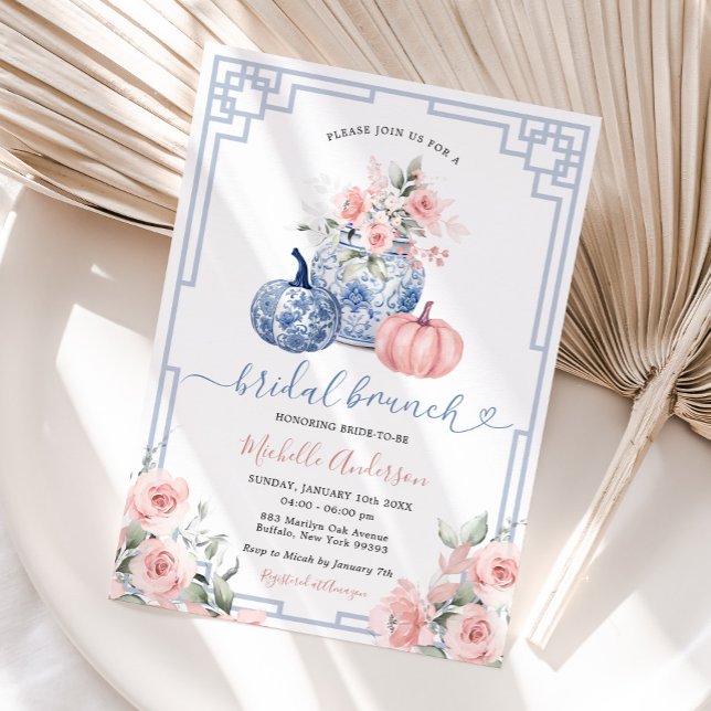Pumpkin Pink Peony Chinoiserie Jar Bridal Brunch Invitation (Creator Uploaded)