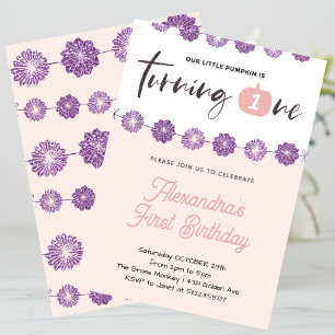 Pumpkin Pink Purple Floral Halloween 1st birthday Invitation