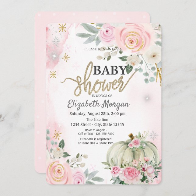  Pumpkin Pink Roses Polka Dots Baby Shower Invitation (Front/Back)