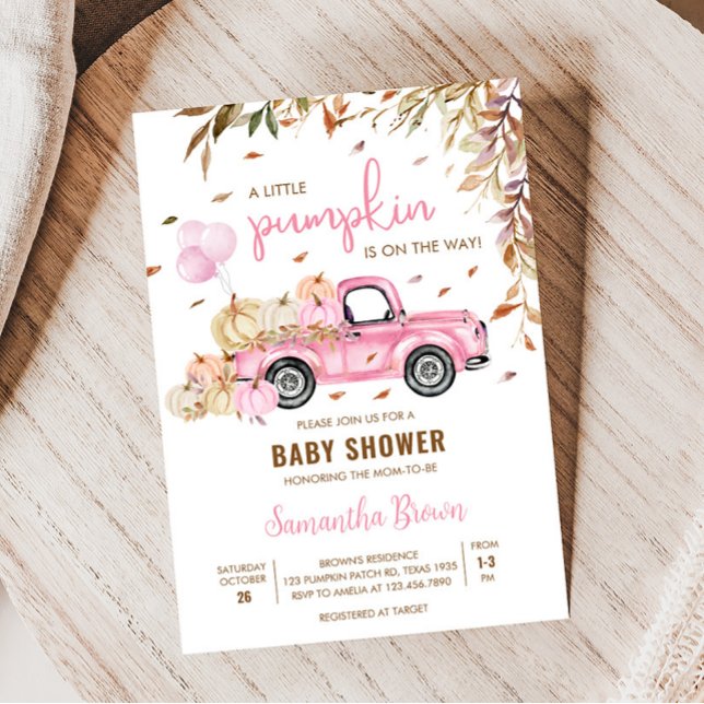 Pumpkin Pink Truck Baby Shower Invitation (Little Pumpkin Pink Truck Baby Shower Invitation)