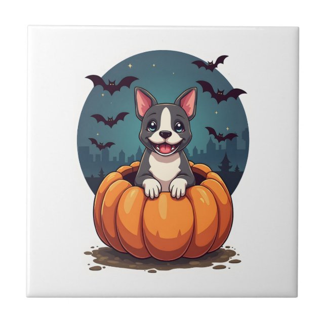 Pumpkin Pitbull Smile Ceramic Tile (Front)