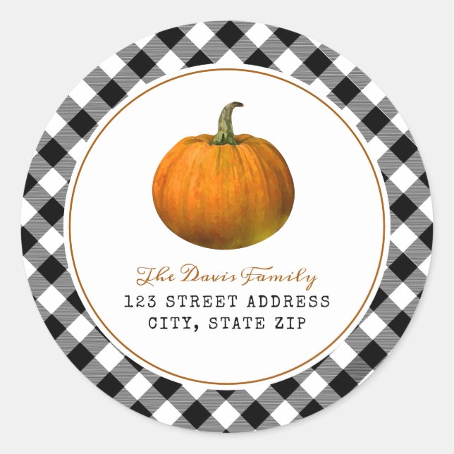 Pumpkin Plaid Fall Address Classic Round Sticker (Front)