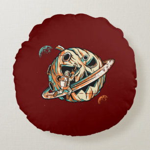 Pumpkin Planet Halloween Space Round Cushion
