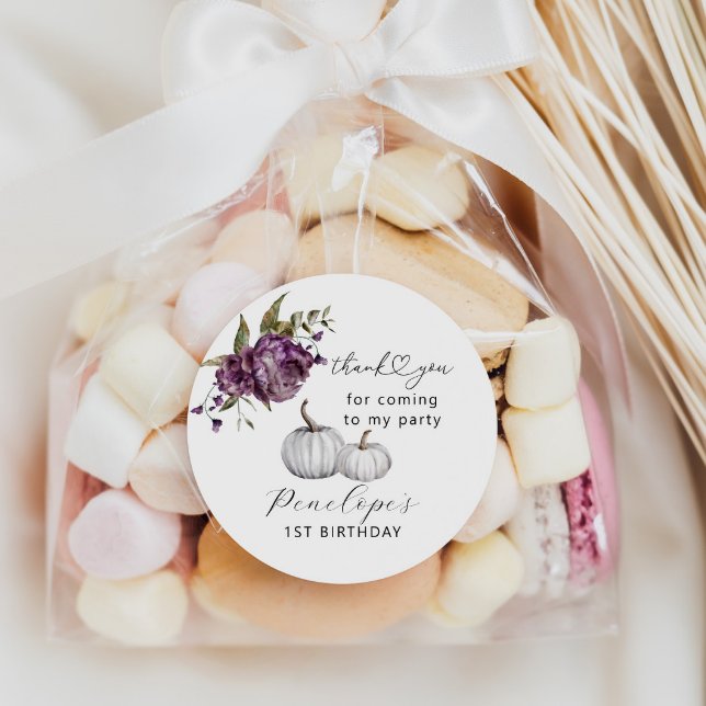 Pumpkin Purple Floral Birthday Party Favour Classic Round Sticker (Creator Uploaded)