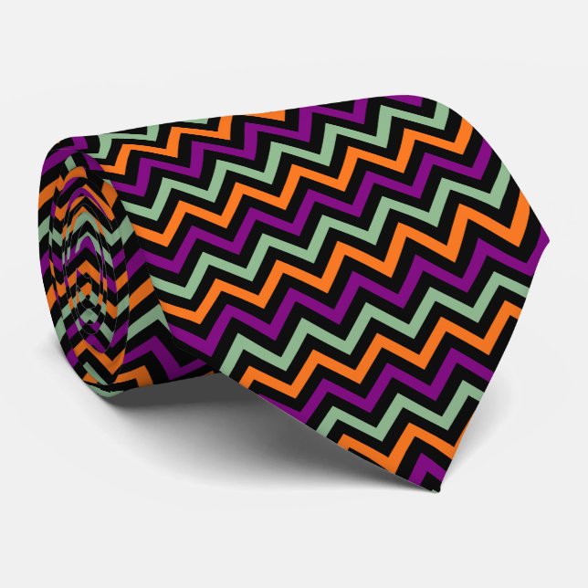 Pumpkin, Purple, Green and Black Chevron Stripes Tie (Rolled)