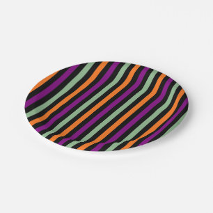 Pumpkin, Purple, Green and Black Colour Stripes Paper Plate