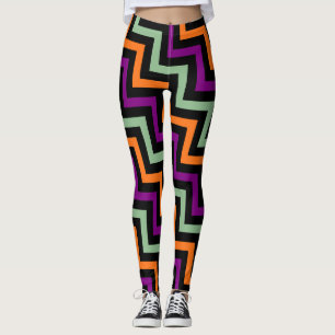 Pumpkin, Purple, Green and Black Diagonal Chevron Leggings