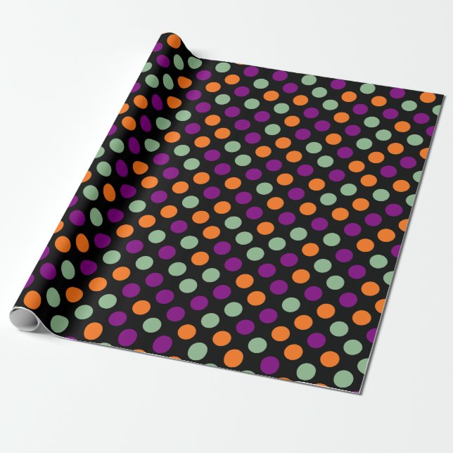 Pumpkin, Purple, Green and Black Polka Dots Wrapping Paper (Unrolled)