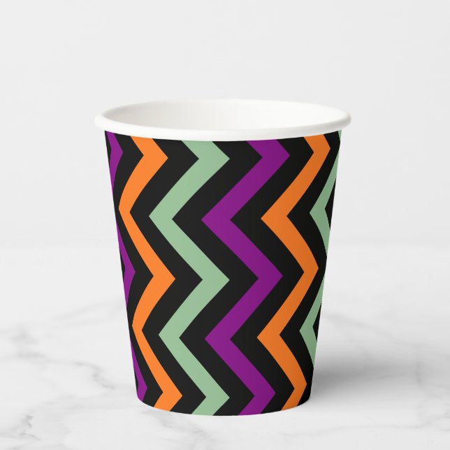 Pumpkin, Purple, Green and Black Vert. Chevron Paper Cups (Front)