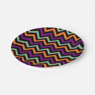 Pumpkin, Purple, Green and Black Vertical Chevron Paper Plate
