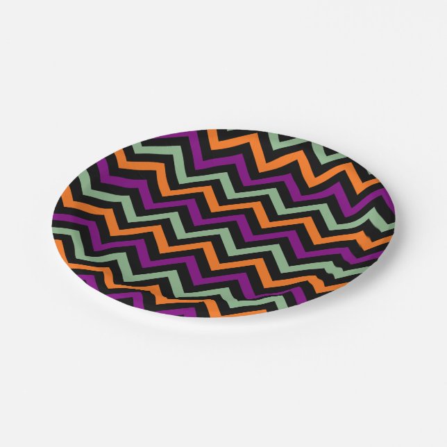 Pumpkin, Purple, Green and Black Vertical Chevron Paper Plate (Angled)