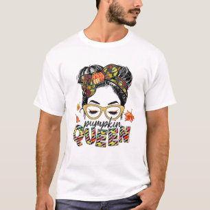Pumpkin Queen Cute Messy Bun Fall Leaves Autumn Th T-Shirt