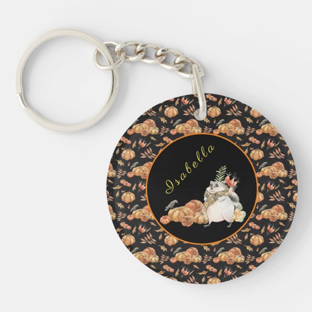 Pumpkin Racoon Customise Text and Colour Key Ring (Front)