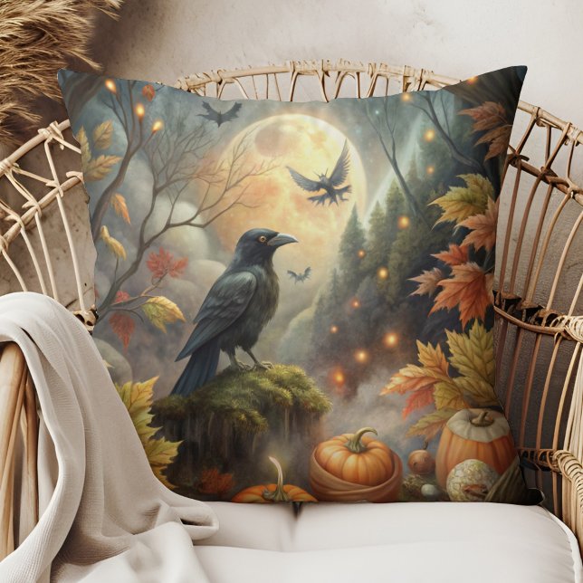 Pumpkin Raven Autumn Art - Witchy Forest Design Cushion (Pumpkin Raven Autumn Art - Witchy Forest Design Throw Pillow on a boho rattan armchair.)