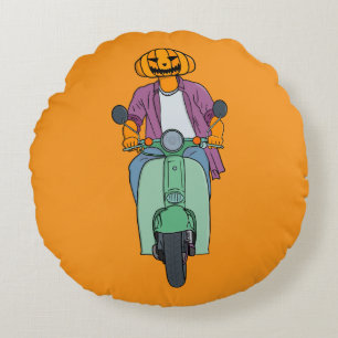 Pumpkin Rider on Mint Scooter Round Cushion