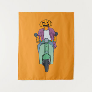 Pumpkin Rider on Mint Scooter Tapestry