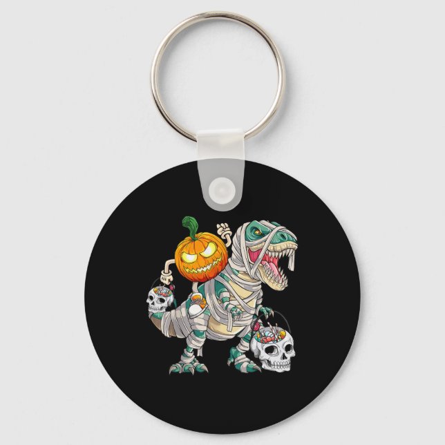 Pumpkin Riding Mummy Dinosaur T Rex Halloween Fun  Key Ring (Front)
