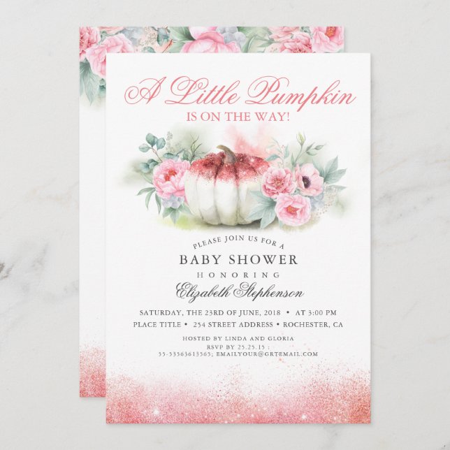 Pumpkin Rose Gold Glittered Fall Baby Shower Invitation (Front/Back)
