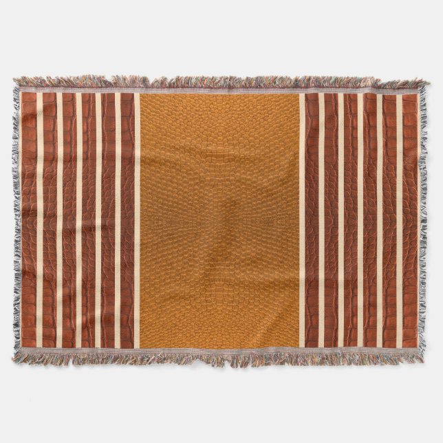 Pumpkin & Rust Exotic Faux Snake Leather Line Art Throw Blanket (Front)