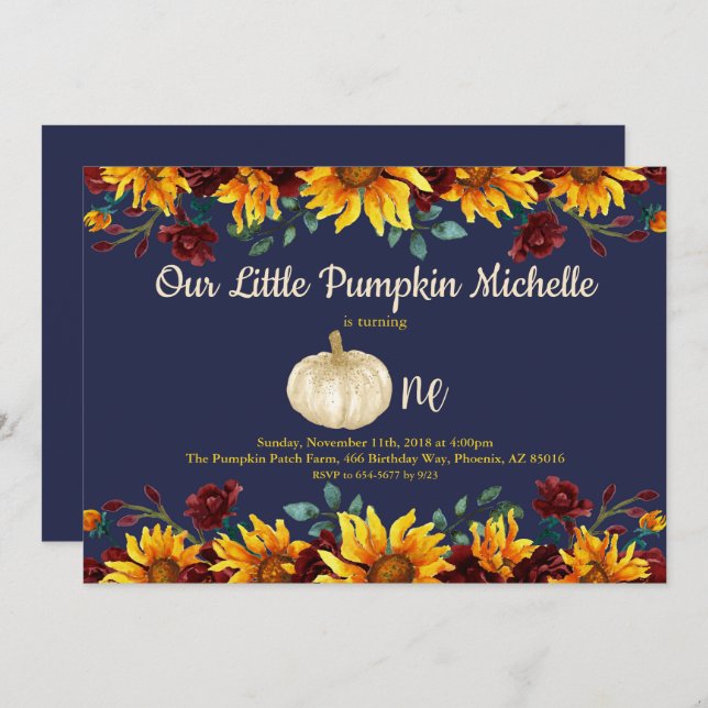 Pumpkin Rustic First Sunflower Blue Gold Birthday Invitation (Front/Back)