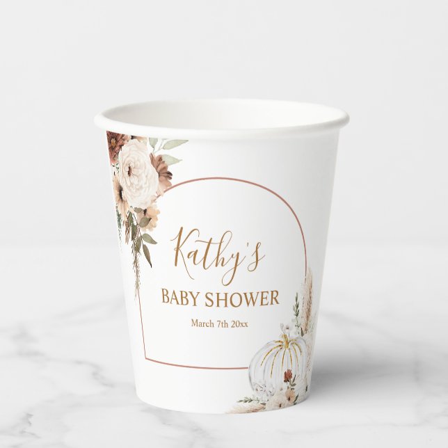 Pumpkin Rustic Floral Boho Arch Fall In Love Paper Cups (Front)