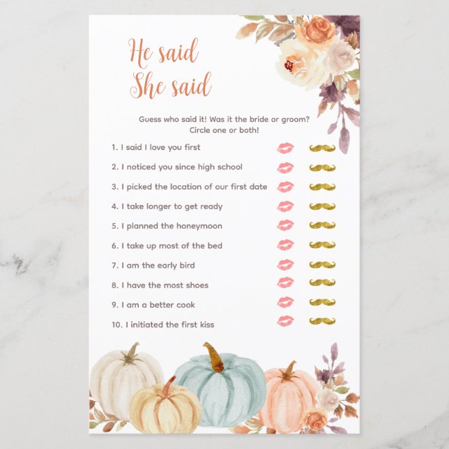 Pumpkin Rustic Floral He said She said Game Card (Front)