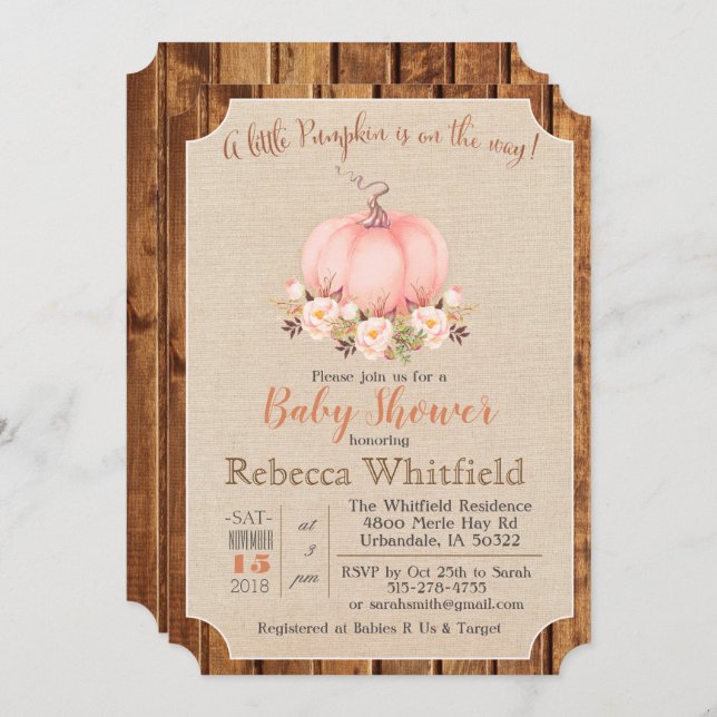 Pumpkin Rustic Floral Wood Baby Shower Invitation (Front/Back)