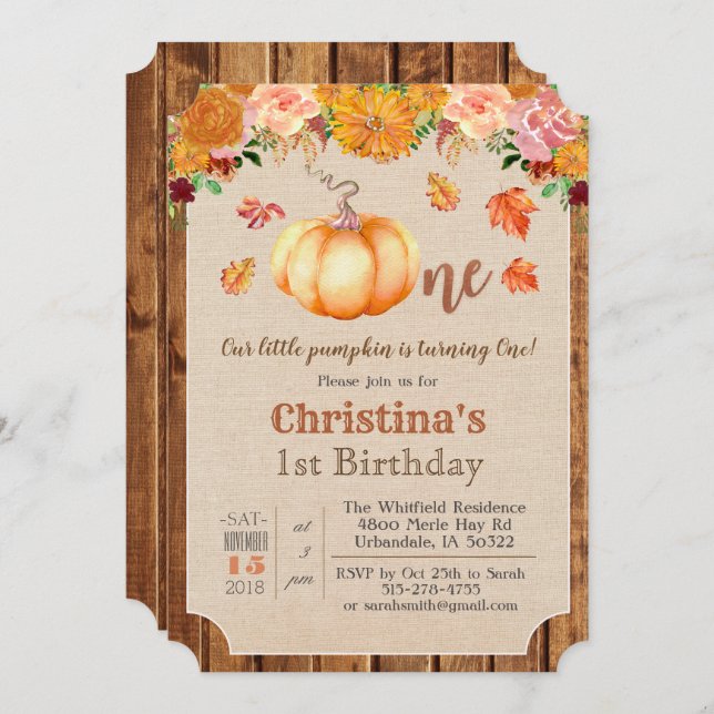 Pumpkin Rustic Leaves Wood 1st Birthday Invitation (Front/Back)