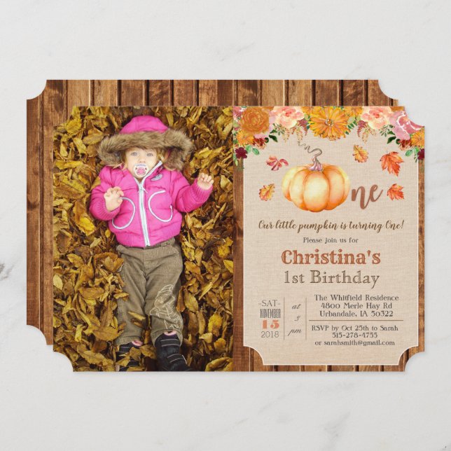 Pumpkin Rustic Leaves Wood 1st Birthday Invitation (Front/Back)