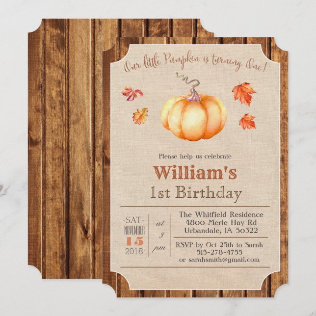 Pumpkin Rustic Leaves Wood 1st Birthday Invitation (Front/Back)
