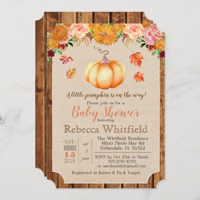Pumpkin Rustic Leaves Wood Baby Shower Invitation (Front/Back)