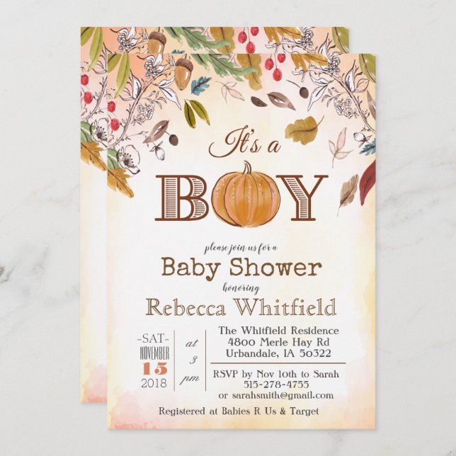 Pumpkin Rustic Leaves Wood Baby Shower Invitation (Front/Back)