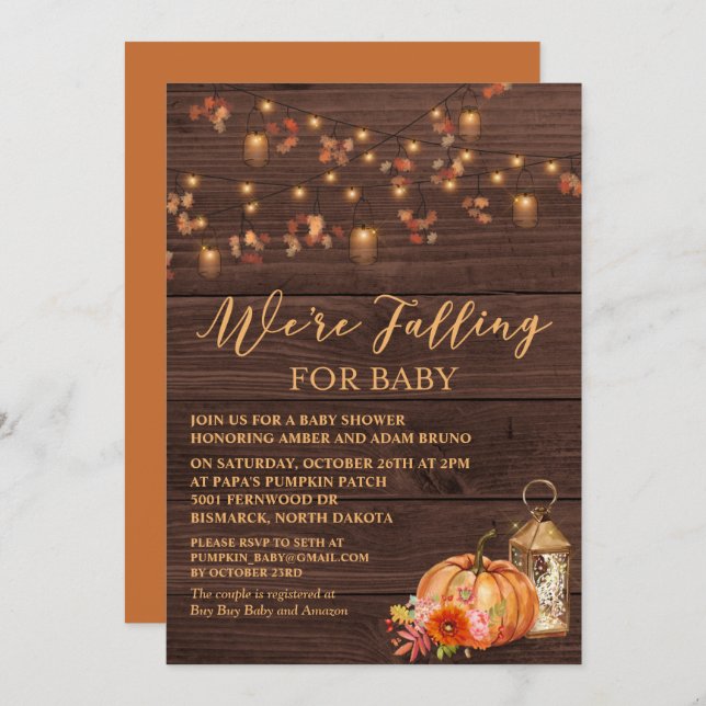 Pumpkin Rustic Leaves Wood Baby Shower Invitation (Front/Back)