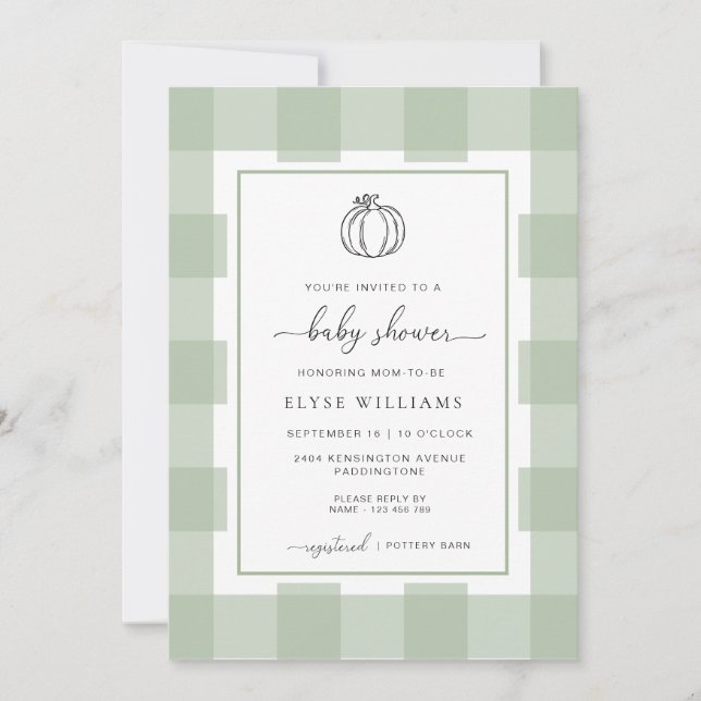 Pumpkin Sage Green Gingham Baby Shower Invitation (Front)