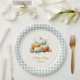 Pumpkin Sage Green Gingham Fall Baby Shower Paper Plate