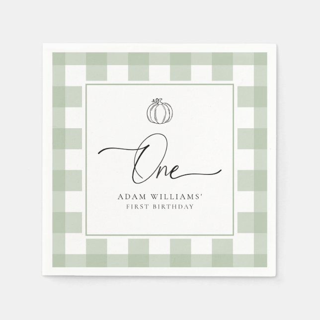 Pumpkin Sage Green Gingham First Birthday Napkin (Front)