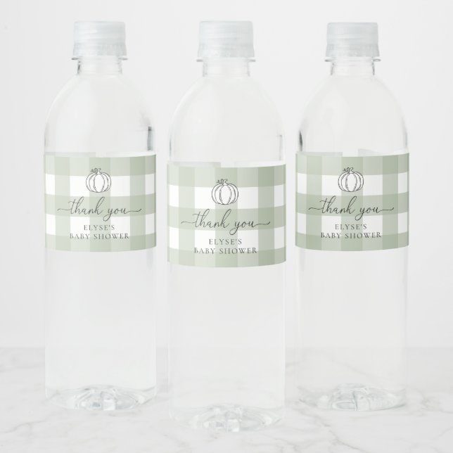 Pumpkin Sage Green Gingham Thank You Water Bottle Label (Bottles)