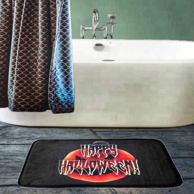 Pumpkin-Scare-Wht Bath Mat (Add a scary pumpkin bath mat, to your bathroom decor, to reflect the Halloween season!)