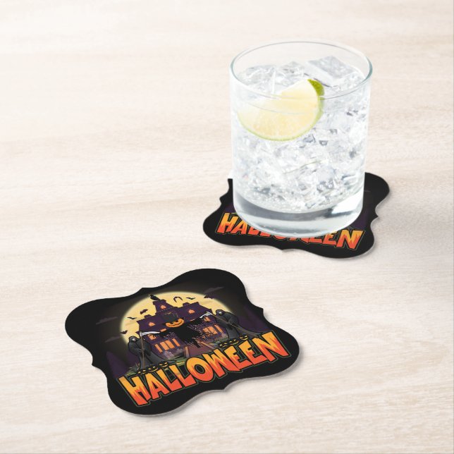 Pumpkin Scary House, Halloween Paper Coaster (Insitu)