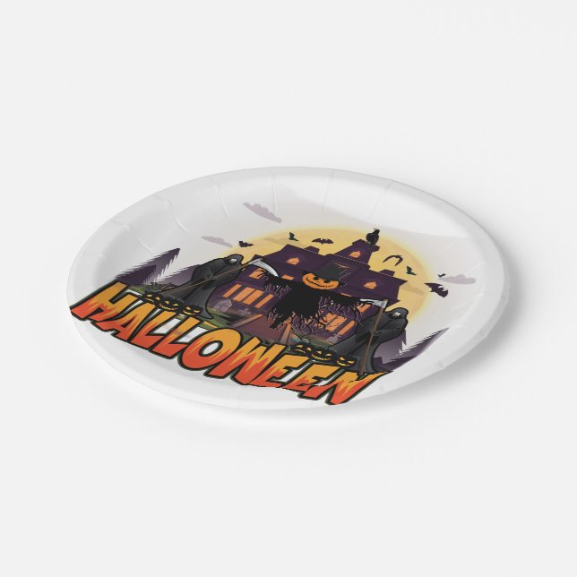 Pumpkin Scary House, Halloween Paper Plate (Angled)