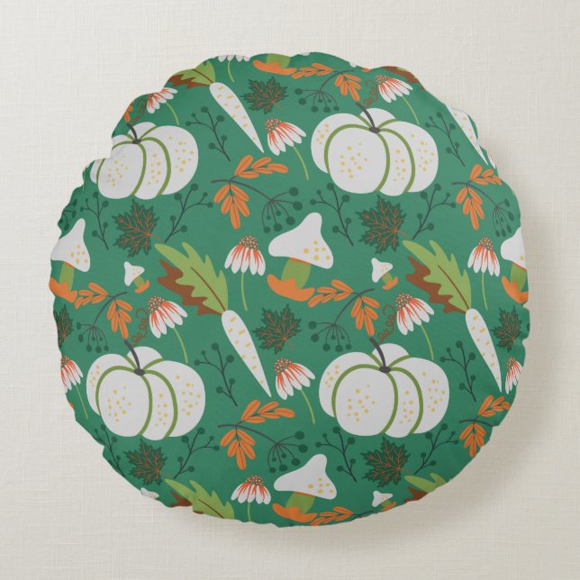 Pumpkin seamless pattern carrots and mushrooms round cushion (Front)