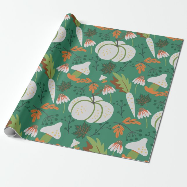Pumpkin seamless pattern carrots and mushrooms wrapping paper (Unrolled)