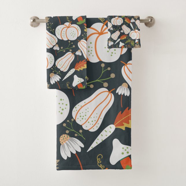 Pumpkin seamless pattern floral black and white bath towel set (Insitu)