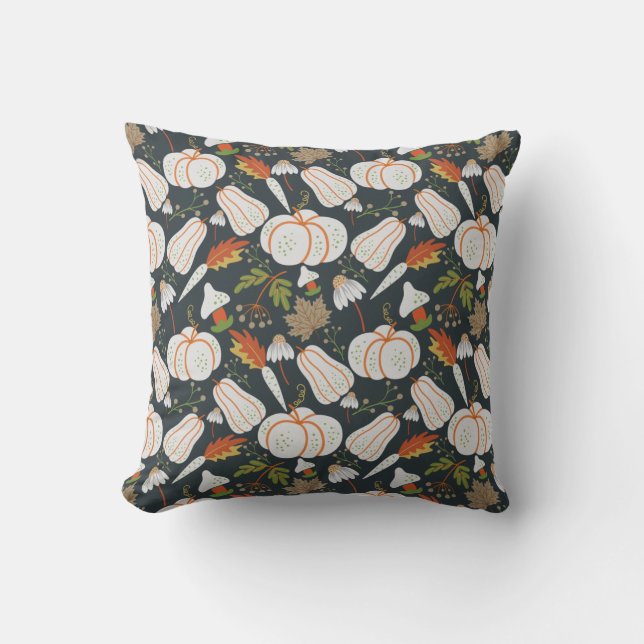 Pumpkin seamless pattern floral black and white cushion (Front)