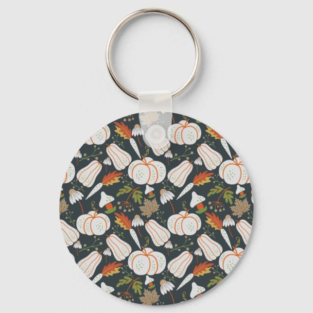 Pumpkin seamless pattern floral black and white key ring (Front)