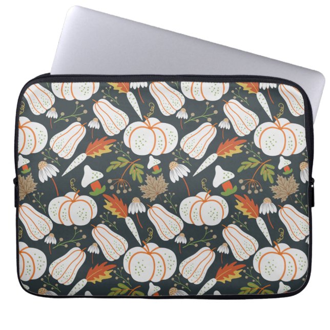 Pumpkin seamless pattern floral black and white laptop sleeve (Front)