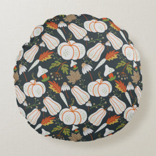 Pumpkin seamless pattern floral black and white round cushion